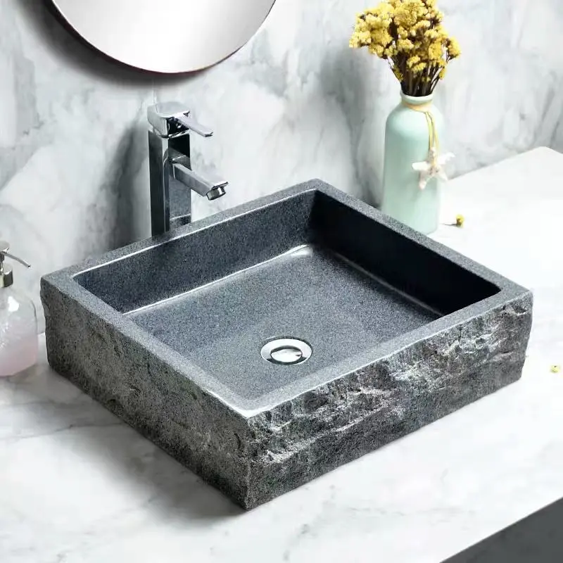 Modern Bathroom Solid Granite Rectangular Vessel Sink, Hand-Carved Chiseled Edge Bathroom Centerpiece