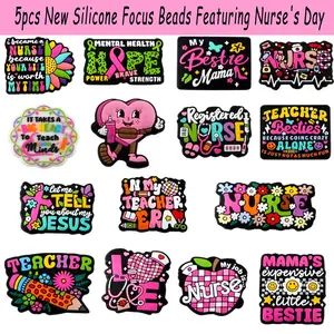 5pcs New Silicone Focus Beads Heart Design Charm Featuring Nurse's Day, Teacher's Day, and Mother's Day Elements Ideal for Beading Supplies, Beading Making, crafting jewelry, DIY keychain bracelets, pens Etc Handmade Product Accessory