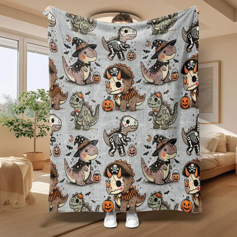 Flannel Printed Blanket - Lightweight Soft Throws Blanket with Cute Cartoon Halloween Dinosaur Print, Decorative Throw for Sofa Bed Office