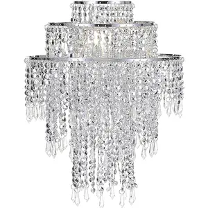 Large 3 Tiers  Sparkling Beads Pendant Shade, Ceiling Chandelier Lampshade with  Jewel Droplets, Beaded Lampshade with Chrome Frame and Sparkling Beads, Diameter 12.6'',
