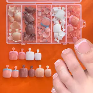 5Packs 120Pcs Blue Pink French Tip Press on Toenails for Women Short Fake Toe Nails with Artificial Reusable Square Glossy Full Cover Nude Fake Toenails Toenail Kit