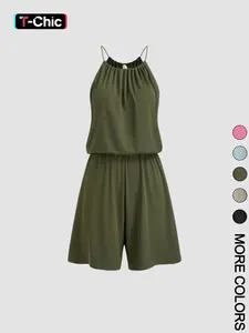 Women's Rib Knit Halter Neck Romper Overalls, Fitted, Drawstring Tie Detail, Elastic Waist, Multiple Color Options, Soft Stretchy Breathable Knitted Fabric, Casual Daily & Vacation Wear, Minimalist Casual Style, Womenswear