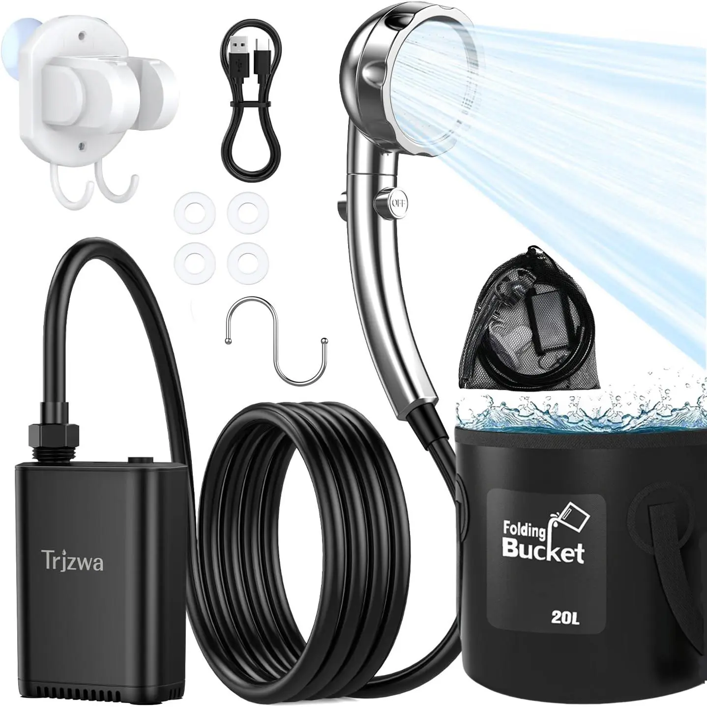 Portable Outdoor Shower Pump with 2600mah Battery, Adjustable Pressure Spray Head, 20L Water Bucket, Rechargeable Camping Shower, Ideal for Camping, Hiking, Beach, Travel, Camping Gear