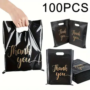 100pcs Black Thank You Gift Bag - Elegant plastic tote bag with curated English print and thickened material for comfortable holding, ideal for boutiques, retail shopping, parties and special occasions