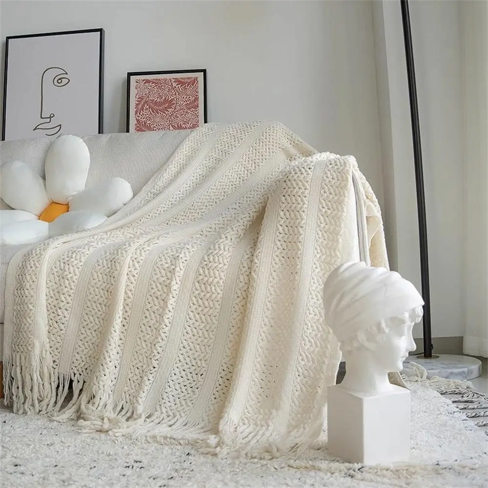 Solid Color Knit with Tassel Design Throw Blanket, 1 Count Soft Warm Blanket, Air-conditioned Room Blanket, Warm Nap Blanket for Home Office Travel, Knitted Blanket, Soft Cozy Blanket, Soft Blankets