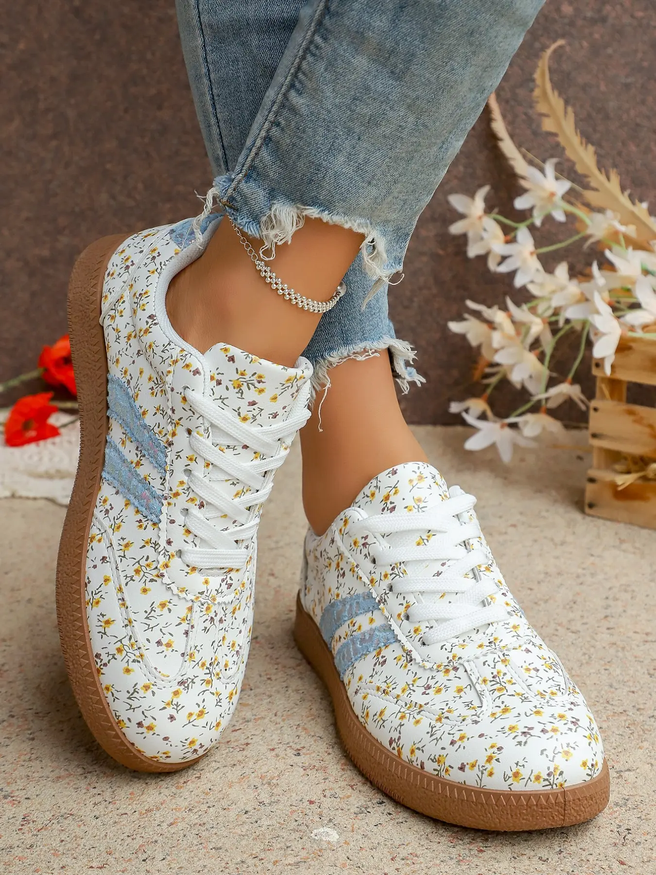 Multicolor Floral Canvas Rubber Shoes, Side Stripe and Laces Design, Women's Casual Sports Walking Shoes, Sneaker, Trainer, Comfortable and Stylish Footwear, Lace Up Trainers, Low Top Footwear