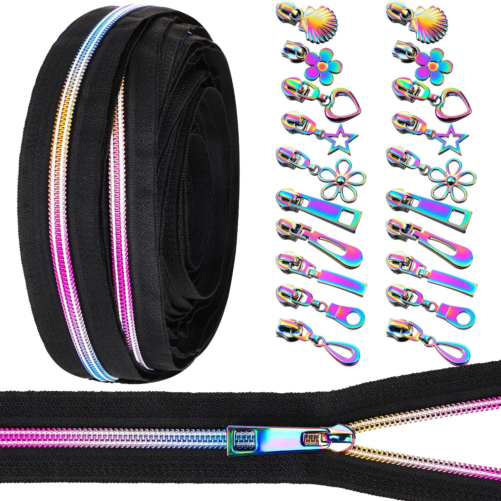 #5 Rainbow Zipper Tape by The Yard 10 Yards Teeth Nylon with 20 Colorful Metal Slider Pulls (10 Styles) for DIY Sewing Tailor Crafts (Black)