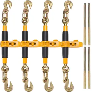 Ratchet Chain Binder Set, 4 Pc., Heavy Duty. Sizes: 3/8"-1/2" (12000 lbs), 5/16"-3/8" (7100 lbs), with G80 Hooks, Anti-skid Handle. Secure Binding for Flatbed Truck, Meets Heavy Duty Needs