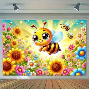 2D Flat banner 1 pc, Happy Bee and bright flower background cloth wall decoration, wall covering, suitable for living room, bedroom, office, home, outdoor decoration/party decoration, festival gift,