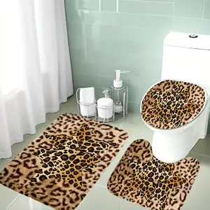3-Piece Leopard Print Bathroom Rug Set, Vintage Star Pattern, Soft Flannel Material, Non-Slip Bath Mat, Holiday Decoration, Bathroom Mats, Bathroom Decorative Mat