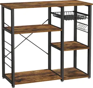 Kitchen Baker’s Rack, Coffee Bar, Microwave Oven Stand, with Steel Frame, Wire Basket, 6 Hooks, 35.4", Rustic Brown