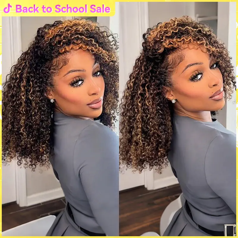 [3 In 1 HALF WIG] Vshow Ombre Highlight Brown Kinky Curly Half Wigs With Draw-string 180% Density Flip Over Human Hair Wig 1b/30 Natural Black With Brown Color Wigs