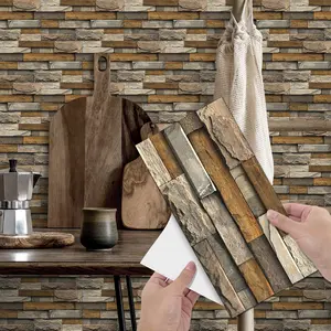 6/12/24/48PCS/Box FG-L European Retro Warm Brown Yellow Stacked Stone Peel and Stick Tile, PVC Crystal Film Waterproof Oil-Proof Removable Decorative Wall Sticker for Kitchen Bathroom Floor Waterproof Wall Decal