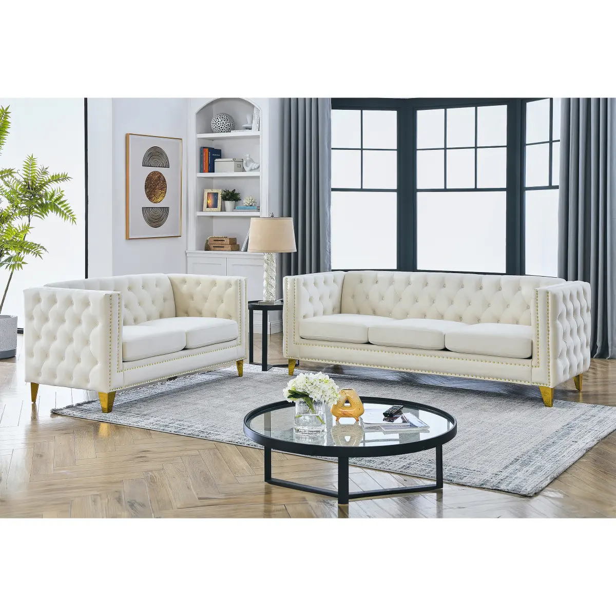 Aobtkel 2-Piece Modern Conversation Sofa Set - Sturdy Velvet & Cotton Mixed-Material Furniture, 3-Seater + 2-Seater Beige Couch with Metal Frame, 250 lbs/seat, for Living Room,  Indoor Decor