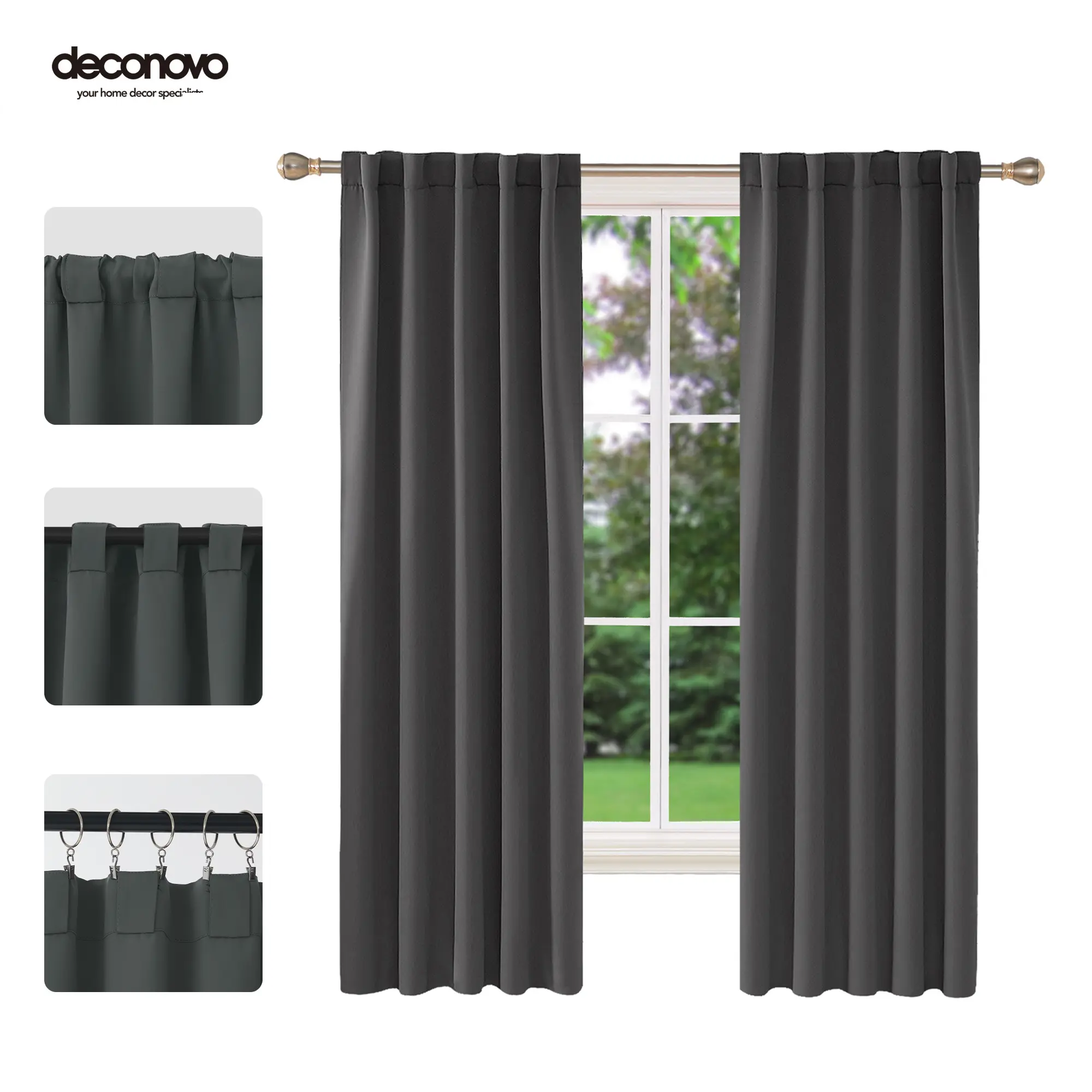 Back Tab and Rod Pocket Blackout Curtains 2 panels — Deconovo Thermal Insulated Room Darkening Curtains