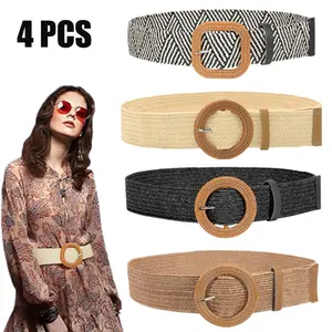 4PCS Straw Woven Elastic Stretch Belts Women Raffia Dress Waist Band Boho Ladies Braided Dress Belts