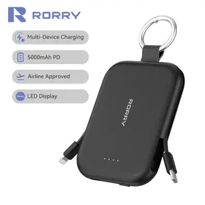 RORRY Portable Charger 5000mAh Power Bank with Type-C Dual Lightning Cables Keychain for iPhone Android iPad Switch Lightweight Compact Gift