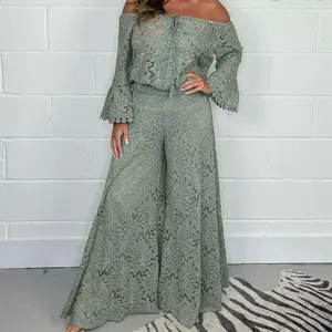 Women's off shoulder lace top and lace flowing wide leg pants two-piece vacation set for going out