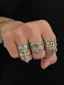 6 Piece Vintage Cross Flower Ring Set, Dark Punk Retro Joint Fashion Rings, Holiday Gift, Street Style Charm Jewelry