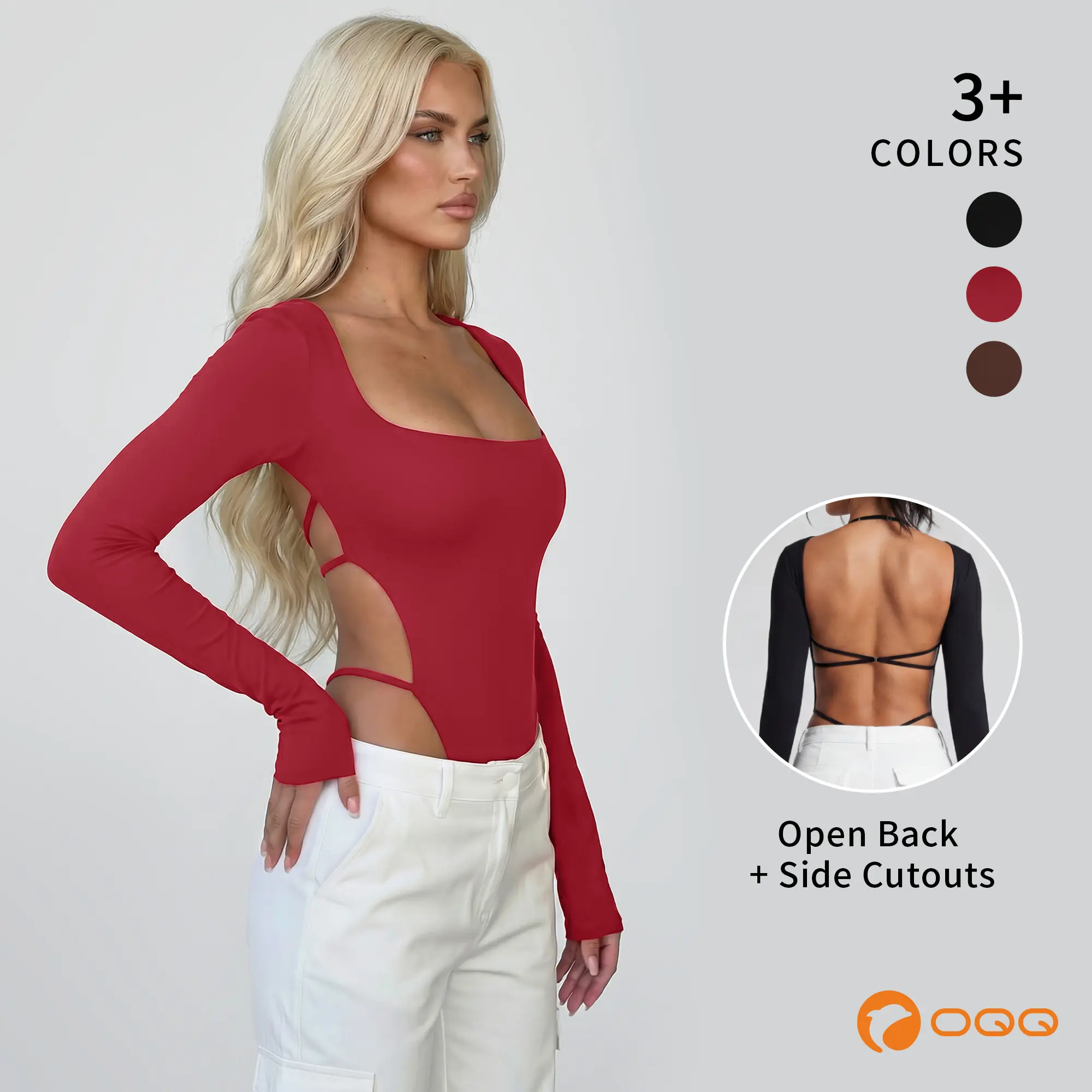 OQQ Women's Long Sleeve Square Neck Back-Cutout Bodysuit - Trendy Stylish Criss-Cross Back Tops for Women, Night Out, Going Out Clubbing, Night Out Top