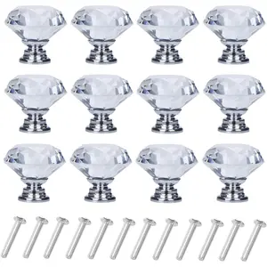 12 Pack 30mm Diamond Shaped Crystal Glass Silver Drawer Cabinet Knobs Pull Handles