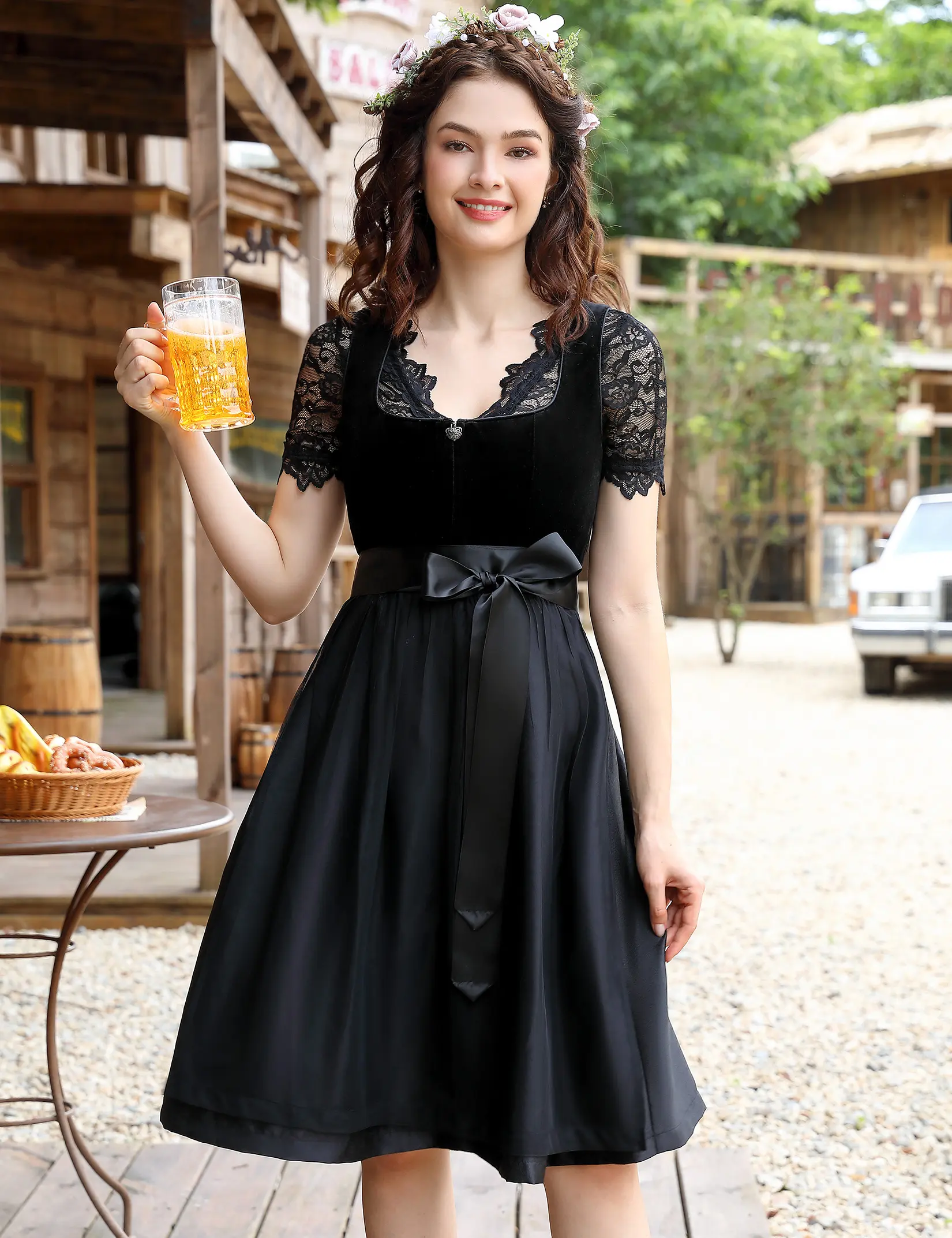 BEER Women's 3-Piece Velvet Oktoberfest Dirndl Dress Set - Lace Short-Sleeve Blouse, Satin Waist Apron, Bavarian Beer Festival Costume-DTY