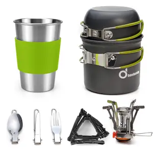 Camping Cookware Stove Carabiner Canister Stand Tripod and Stainless Steel Cup, Tank Bracket, Fork Spoon Kit for Backpacking, Outdoor Camping Hiking and Picnic