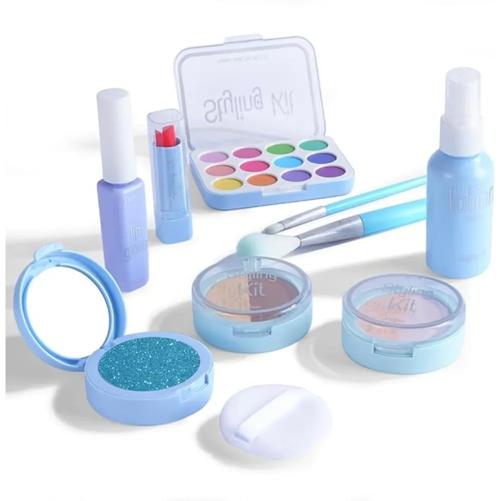 10pcs Children's Plastic Pretend Play Makeup Kid Playset - Lipstick, Powder Puff, Spray Bottle, Makeup Brush, Built-in Mirror - Non-Applicable, No Real Paint - Birthday, Christmas Gifts for Girls, Role-Play Kit, House Decoration