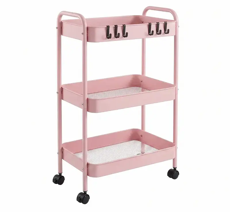 3-Tier Slim Rolling Storage Cart with Wheels, Narrow Metal Utility Organizer with Handle, Space Saving Cart for Small Spaces, Kitchen Bathroom Dorm Apartment Office Organization, Multifunctional Storage Rack with Hooks