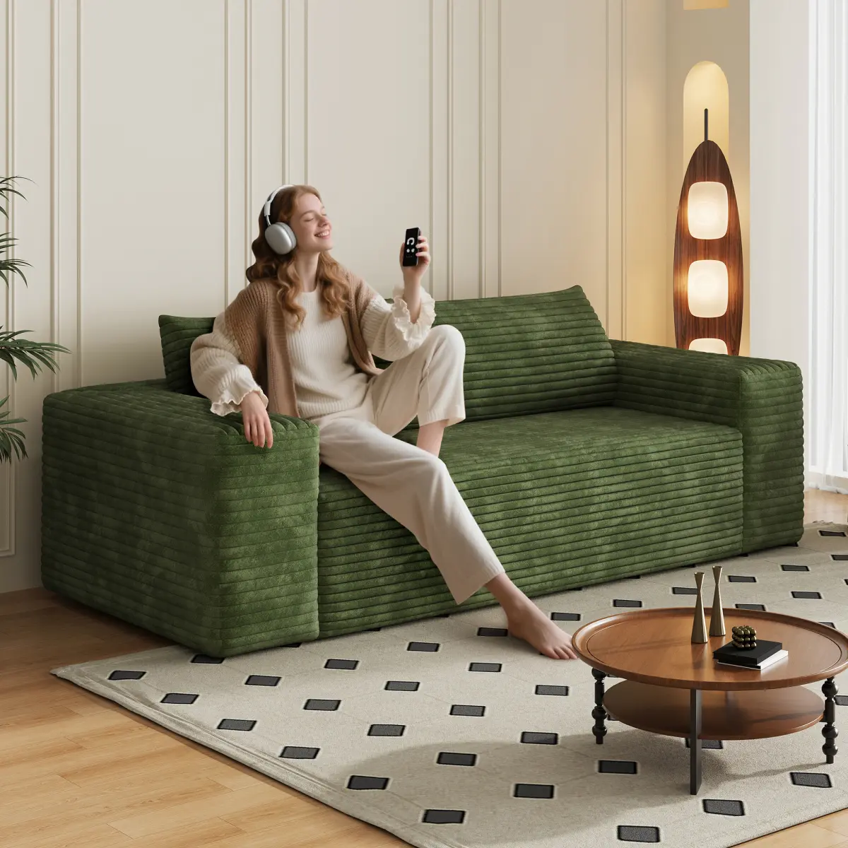 78.8" Striped Corduroy Sturdy Durable Single Sofa with Sponge-Cotton Deep Seat, Fixed-Arms, No-Assembly, All-Year Comfy Indoor Sofa for Living Room, Bedroom
