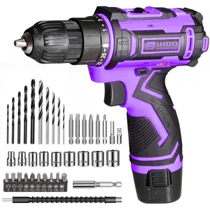 12V Cordless LED Variable Speed Drill Set,Purple Cordless Drill,Electric Power Driver Kit,3/8-Inch Keyless Chuck,with Drills Bits Set for Home DIY