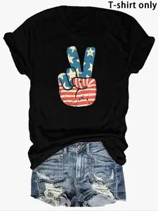 Women's American Flag & Hand Print Round Neck Tee, Vintage Trendy Streetwear Fitted Casual Short Sleeve T-shirt for Daily Wear, Ladies Summer Outfit