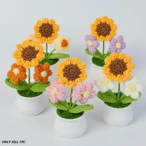 Crochet Sunflower Potted Plant, 4 Counts/set Crochet Flower, Handmade Crochet Bouquet, Crochet Artificial Flowers, Desktop Decoration for Home Office, Gift for Mom, Birthday Gift, Artificial Flower Decorations, Faux Flower Decoration
