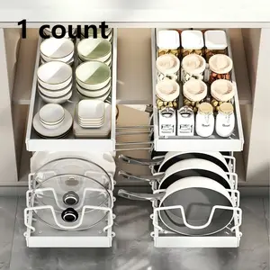 Expandable Pot Lid & Pan Organizer Rack with Pull-Out Drawer – Large Capacity Metal Kitchen Storage Shelf, Detachable Cookware Rack, Space-Saving Home Organization Must-Have, Adjustable Storage
