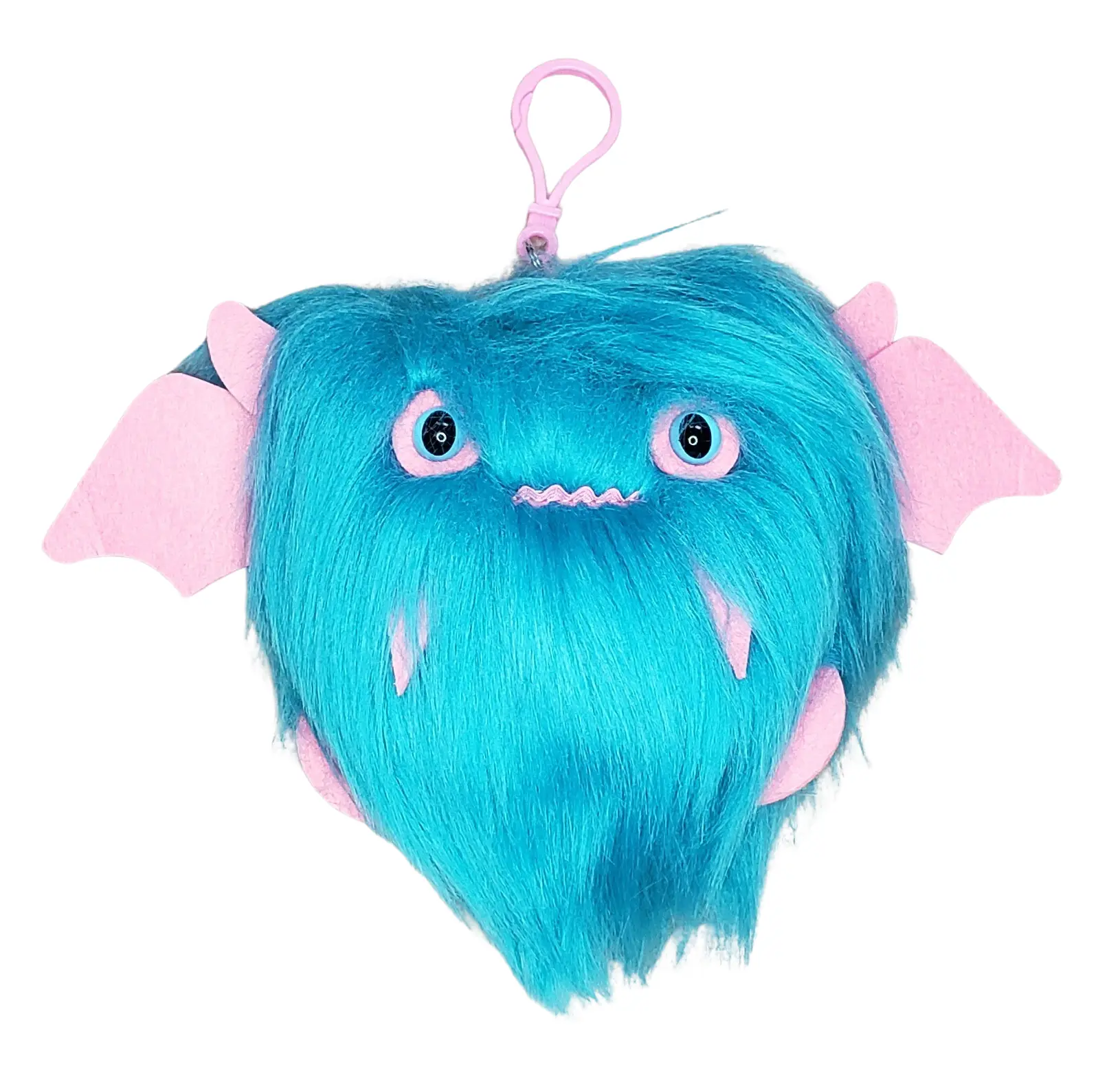Bubbleyum the Blue Floof Monster KEYCHAIN Plush Clip Soft Faux Fur with Pink Felt Details and Acrylic Eyes