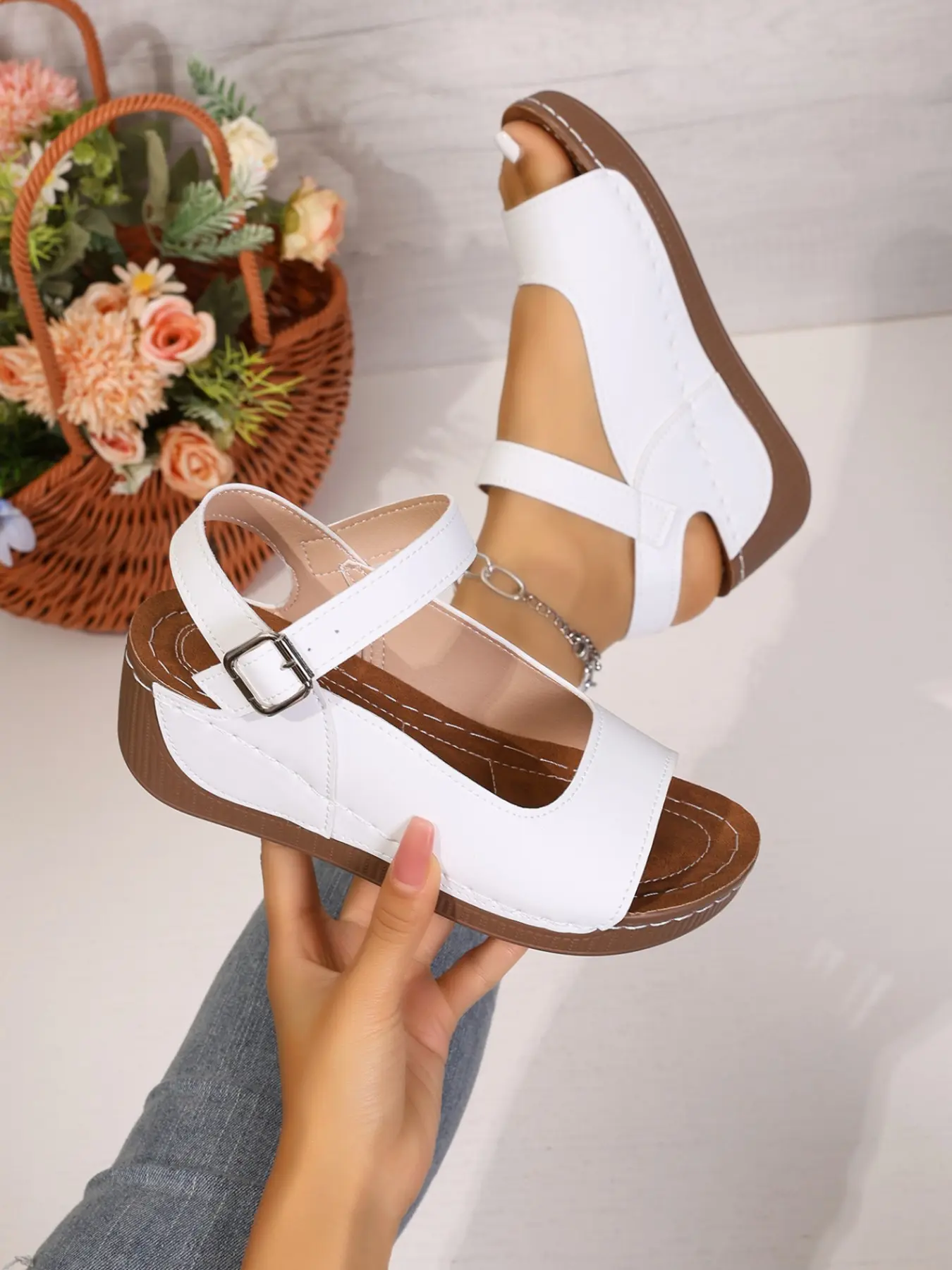 Vintage Thick Sole Wedge Sandals for Women, Open Toe Breathable Mom Shoes, Buckle Strap Versatile Fashionable Casual Sandals, Summer Daily Wear Fish Mouth Sandals, Unique Sandals