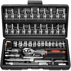 46-piece 1/2" socket ratchet wrench set, equipped with metric sockets and extension rods, suitable for car repairs and home use, comes with a storage box