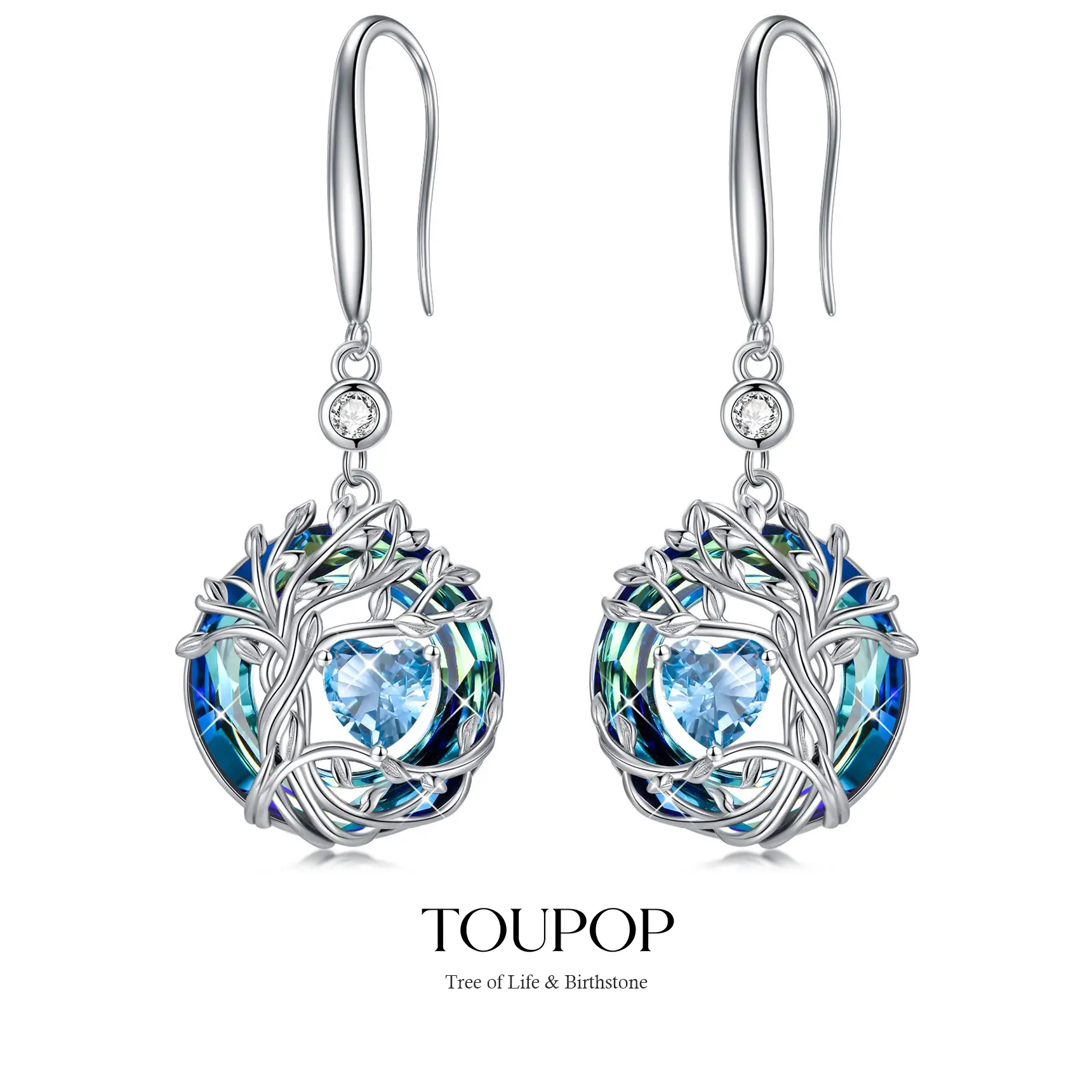 Tree of Life Birthstone Earrings for Women,s925 Sterling Silver Dangle Drop Earrings Jewelry with Created Austrian Crystal,Christmas/Valentines Day/Mothers Day/Birthday Gifts for Women Her Girlfriend Mom