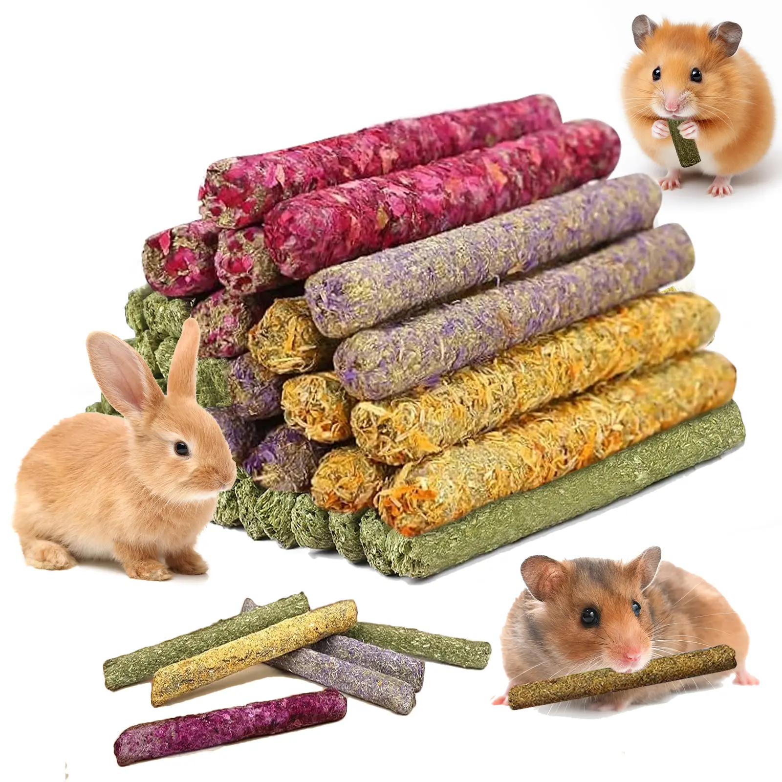 33PCS Rabbit Chew Sticks, Mixed Timothy Hay Flower Rose Dahlberg Daisy and Forget-me-not Chew Toys Treats for Bunny Chinchilla Guinea Pig Hamster and Other Small Pets Molar Snacks