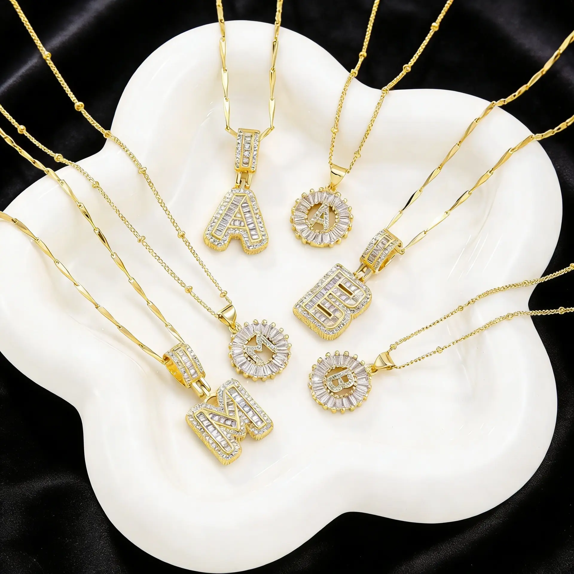 3-piece zirconia initial necklace and ring set; women’s bubble letter necklace; initial ring; zirconia letter pendant necklace for everyday wear; anniversary gift; letter necklace and ring gift set
