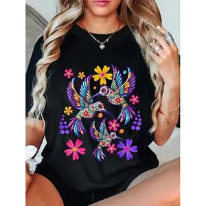 Unisex Hummingbird Colorful Mexican Flowers Bird Floral Nature T-Shirt Novelty Graphic T Shirt funny tshirt Undershirts Tees Casual Streetwear Classic Plain Men's Women Cotton Moisture Wicking  Printed, Graphic, Street, funny, halloween, Men tee
