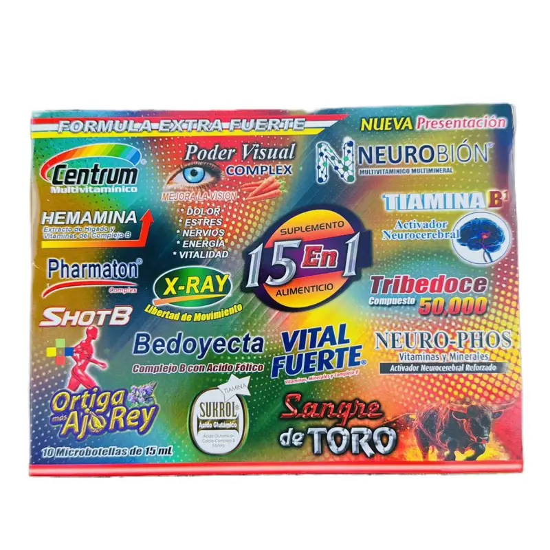 MultiVitamínico 15 en 1. Dietary Supplement 150ml Multi-Pack with 10 Micro Botellas for Immune System Support, Energy, and Skin Health - Bathroom Vita