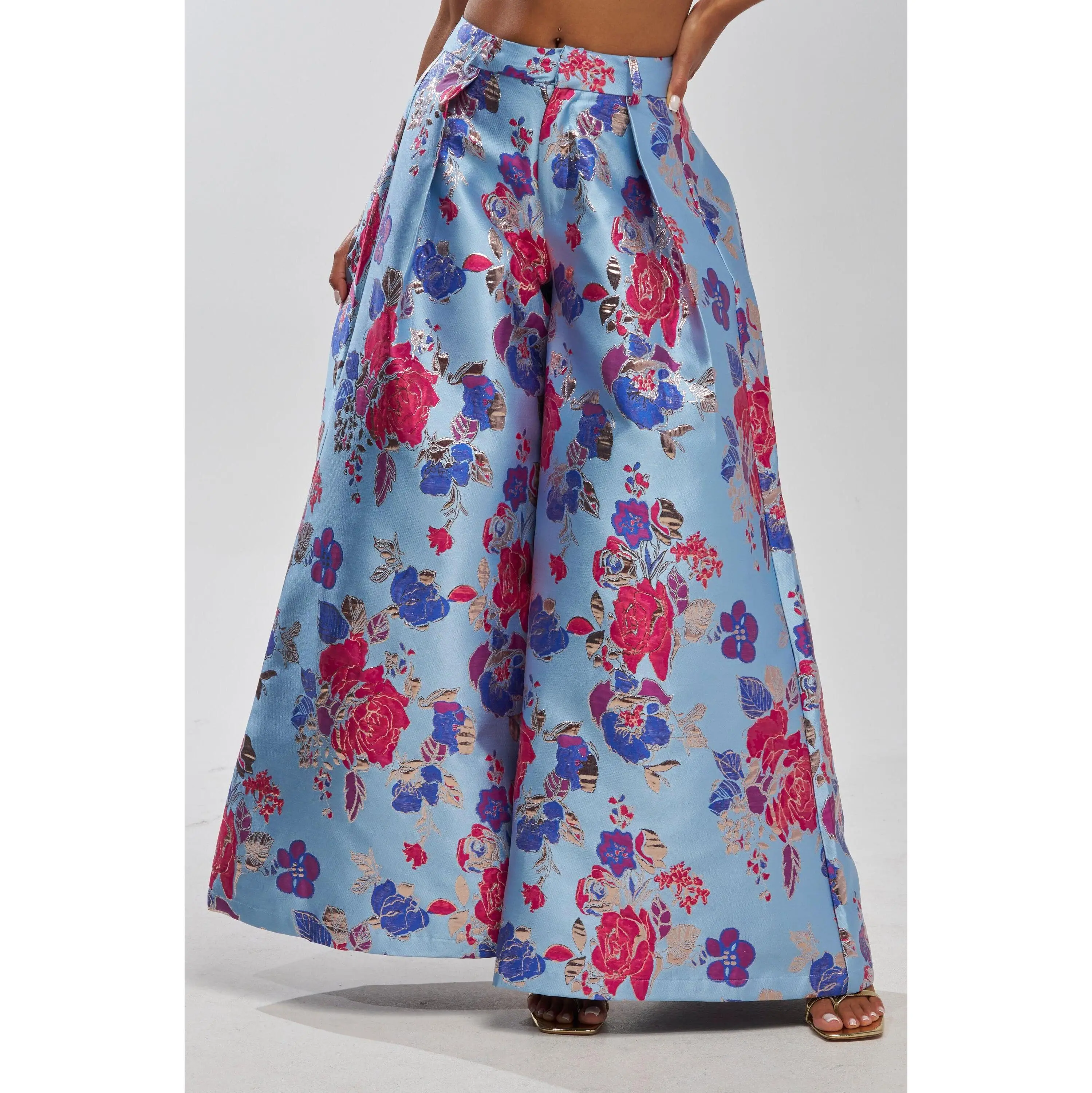 BUY MYSELF FLOWERS BROCADE TROUSER IN BLUE