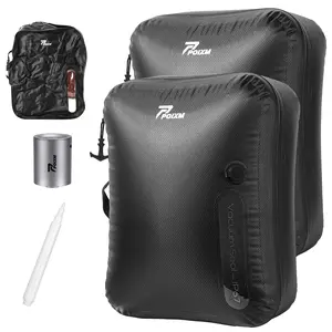 POIXM Travel Pack Vacuum Kit - Travel Vacuum Bags with Pump - Odor & Waterproof Anti-Rip Nylon Compression Bags -Wireless Vacuum Pump, 180° Long Zipper - Space Saver Vacuum Storage Bags for Clothes, Blankets, Seasonal Storage (2 Pack + Pump)