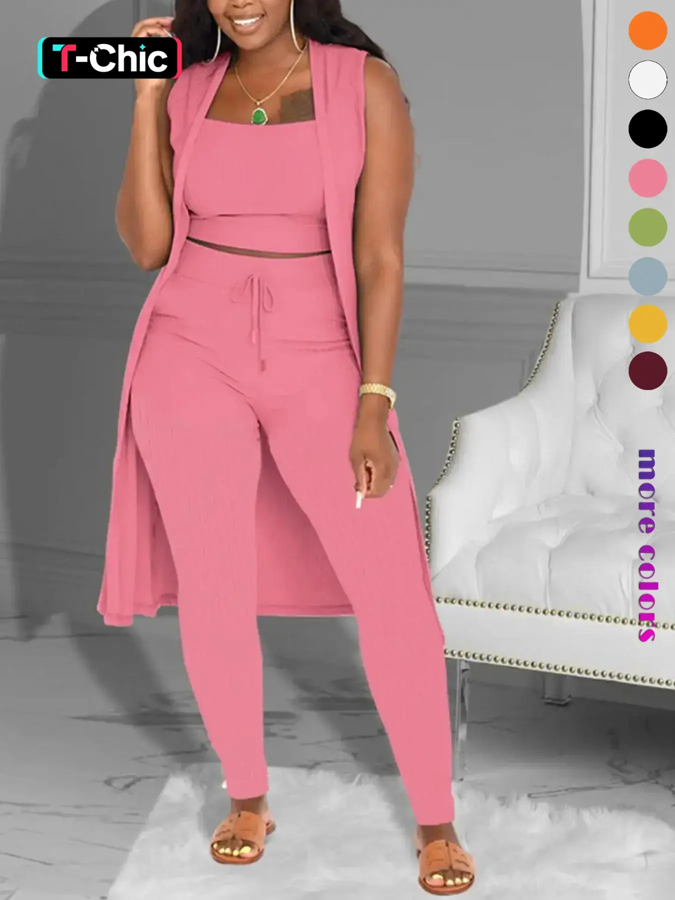 Three-Piece Set Suits Women's Solid Crop Sleeveless Tank Top & Tie Front Pants & Open Front Outerwear Set, Casual Fit Cropped Top & High Waist Trousers & Outerwear, Ladies Clothes for Daily Wear Womenswear