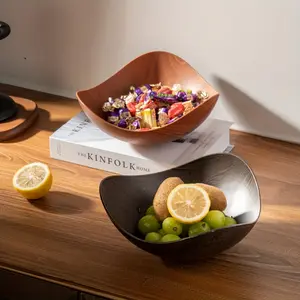 2pc Large Plastic Serving Bowl with Imitation Wood Grain - Dark Brown/Black PP Party Salad & Candy Dish, Durable Fruit Bowl for Buffet, Wedding, Banquet, Picnic - Easy-Clean Tableware Container