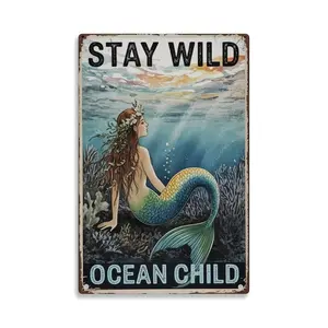 Mermaid Ocean Child Tin Sign， Vintage Mermaid Ocean Metal Sign Print Aesthetic Room Decoration for Home Bedroom Kitchen Bar Dorm Bathroom Wall Decor 8 X 12 Inch
