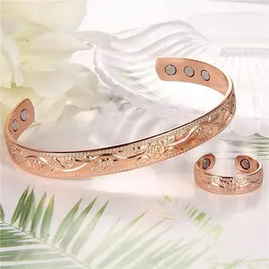 2pcs Copper Bracelets For Women And Copper Ring, Copper Ring Bracelet, Adjustable Size Strength Magnets, Magnetic Copper Cuff Birthday Christmas Gift Set For Mom