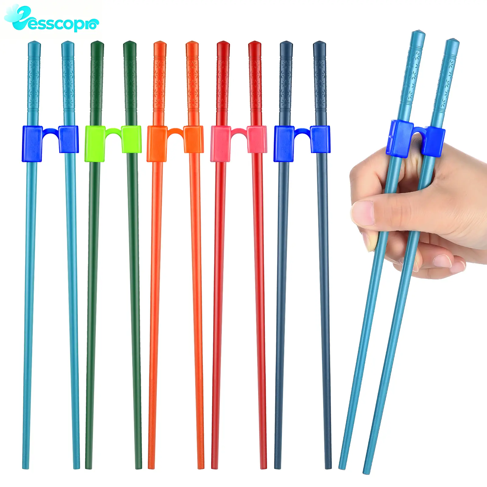 E ESSCOPRO 5 Pairs Adult Training Chopsticks Trainers Reusable Chopsticks with Clips Training Chopstick Helpers Set for Beginners Replaceable Practice Heat Resistant(Alloy,Mixed Color)