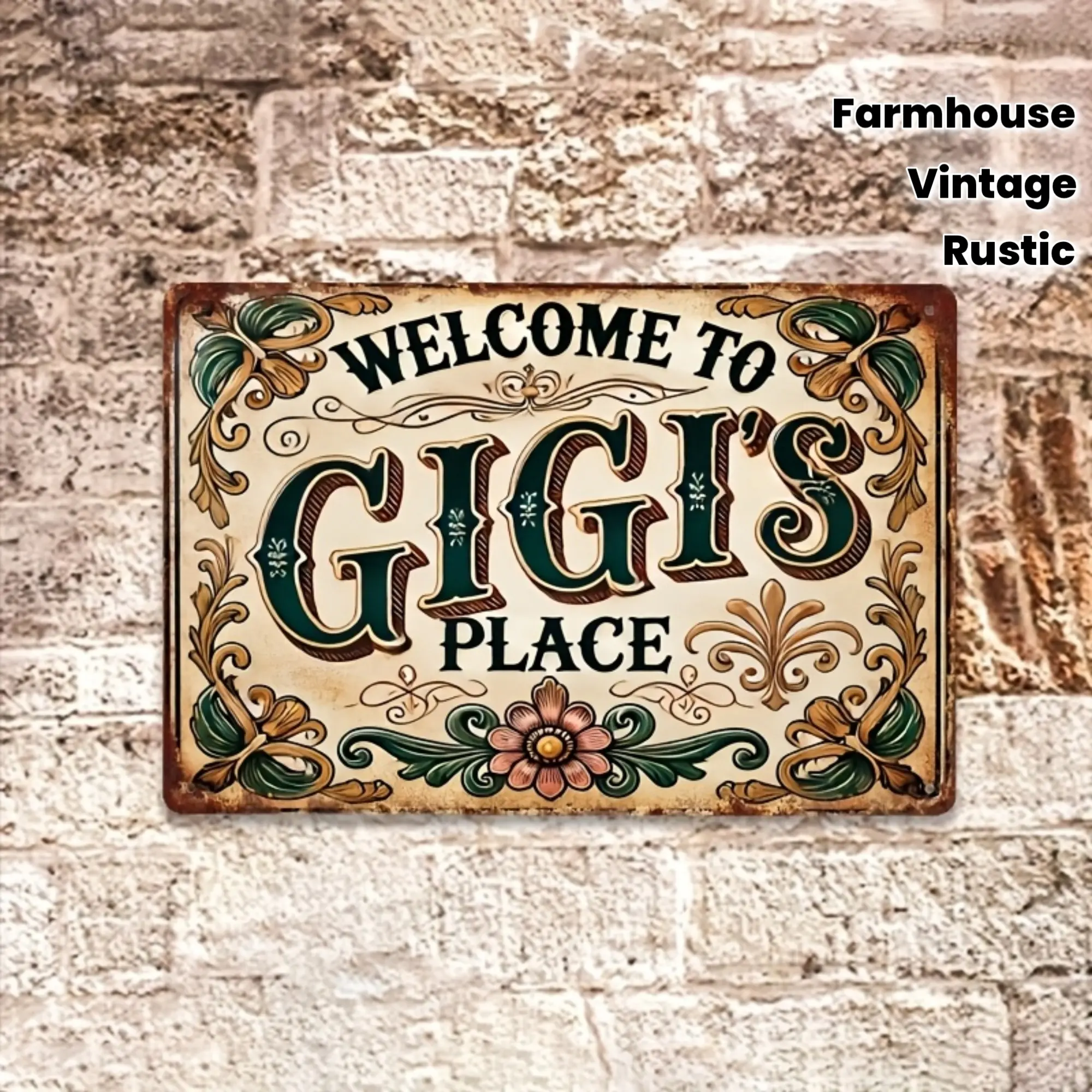 1pc 2D Flat Vintage Welcome to Gigi's Place Metal Wall Plaque - Aesthetic Speciality Plaques & Signs, 8x12in Rustic Farmhouse Wall Art with Elegant Cursive Lettering, Suitable for Home Decor, Party, Holiday Gift